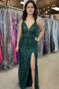 Dark Green Sequins Mermaid Prom Dress with Slit