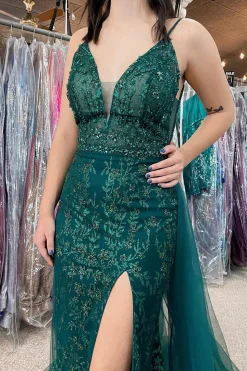 Dark Green Sequins Mermaid Prom Dress with Slit