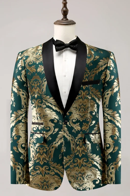 Dark Green Shawl Lapel One Button Jacquard Men's Prom Blazer