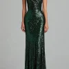 Dark Green V-Neck Mermaid Sequins Ruffles Formal Dress