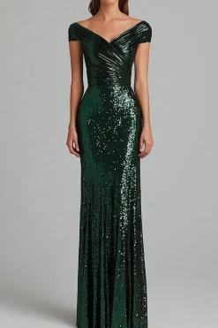 Dark Green V-Neck Mermaid Sequins Ruffles Formal Dress