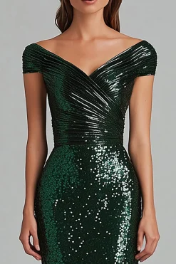 Dark Green V-Neck Mermaid Sequins Ruffles Formal Dress