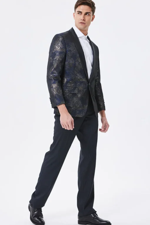 Dark Navy Jacquard Shawl Lapel Men's Prom Blazer