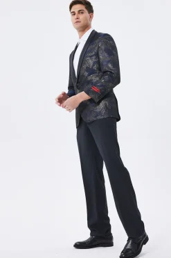 Dark Navy Jacquard Shawl Lapel Men's Prom Blazer