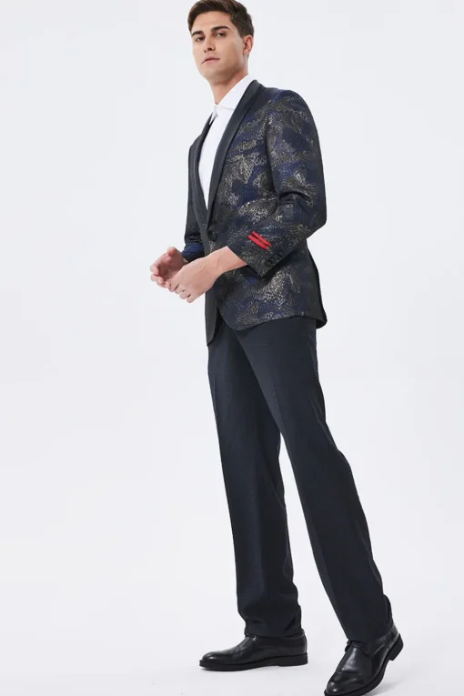 Dark Navy Jacquard Shawl Lapel Men's Prom Blazer