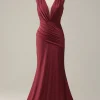 Deep V-neck Burgundy Mermaid Prom Dress with Ruffles