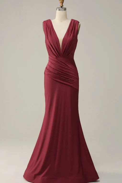 Deep V-neck Burgundy Mermaid Prom Dress with Ruffles