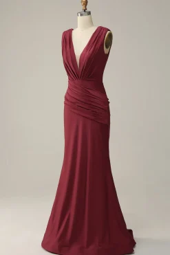 Deep V-neck Burgundy Mermaid Prom Dress with Ruffles