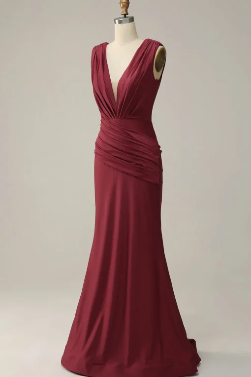 Deep V-neck Burgundy Mermaid Prom Dress with Ruffles