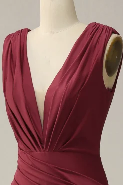Deep V-neck Burgundy Mermaid Prom Dress with Ruffles
