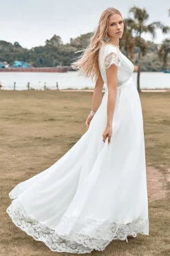 Deep V-neck Simple Boho Wedding Dress with Slit