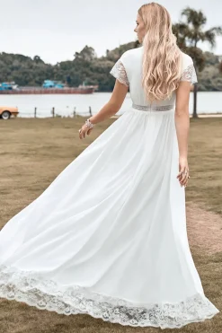 Deep V-neck Simple Boho Wedding Dress with Slit