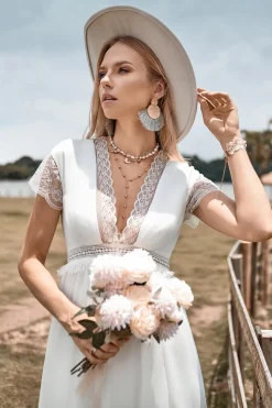Deep V-neck Simple Boho Wedding Dress with Slit