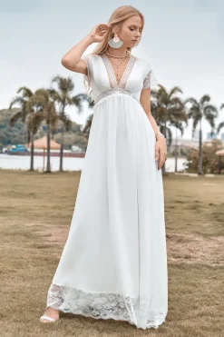 Deep V-neck Simple Boho Wedding Dress with Slit
