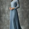 Dusty Blue Appliques Sheath Boat Neck Mother of The Bride Dress