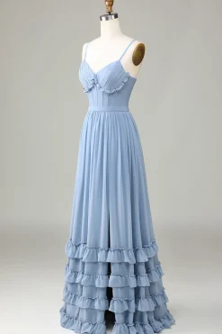 Dusty Blue Corset Spaghetti Straps Bridesmaid Dress With Criss Cross Back