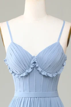 Dusty Blue Corset Spaghetti Straps Bridesmaid Dress With Criss Cross Back