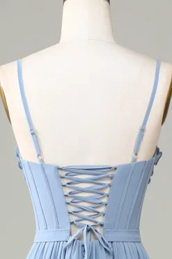 Dusty Blue Corset Spaghetti Straps Bridesmaid Dress With Criss Cross Back