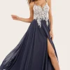 Dusty Blue Long Chiffon Prom Dress with Lace