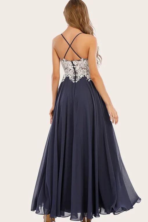 Dusty Blue Long Chiffon Prom Dress with Lace