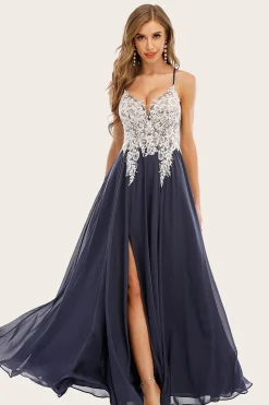Dusty Blue Long Chiffon Prom Dress with Lace