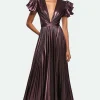 Dusty Purple V-neck Pleated Metallic Satin Formal Dress