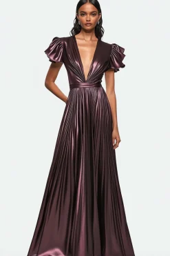 Dusty Purple V-neck Pleated Metallic Satin Formal Dress