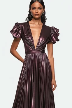 Dusty Purple V-neck Pleated Metallic Satin Formal Dress