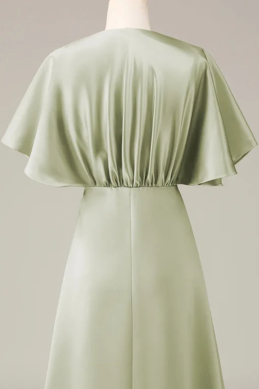 Dusty Sage V-neck Short Sleeves A-line Satin Bridesmaid Dress