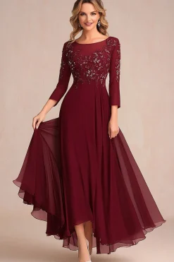 Elegant Burgundy A Line Long Sleeve Mother Of Bride Dress With Appliques