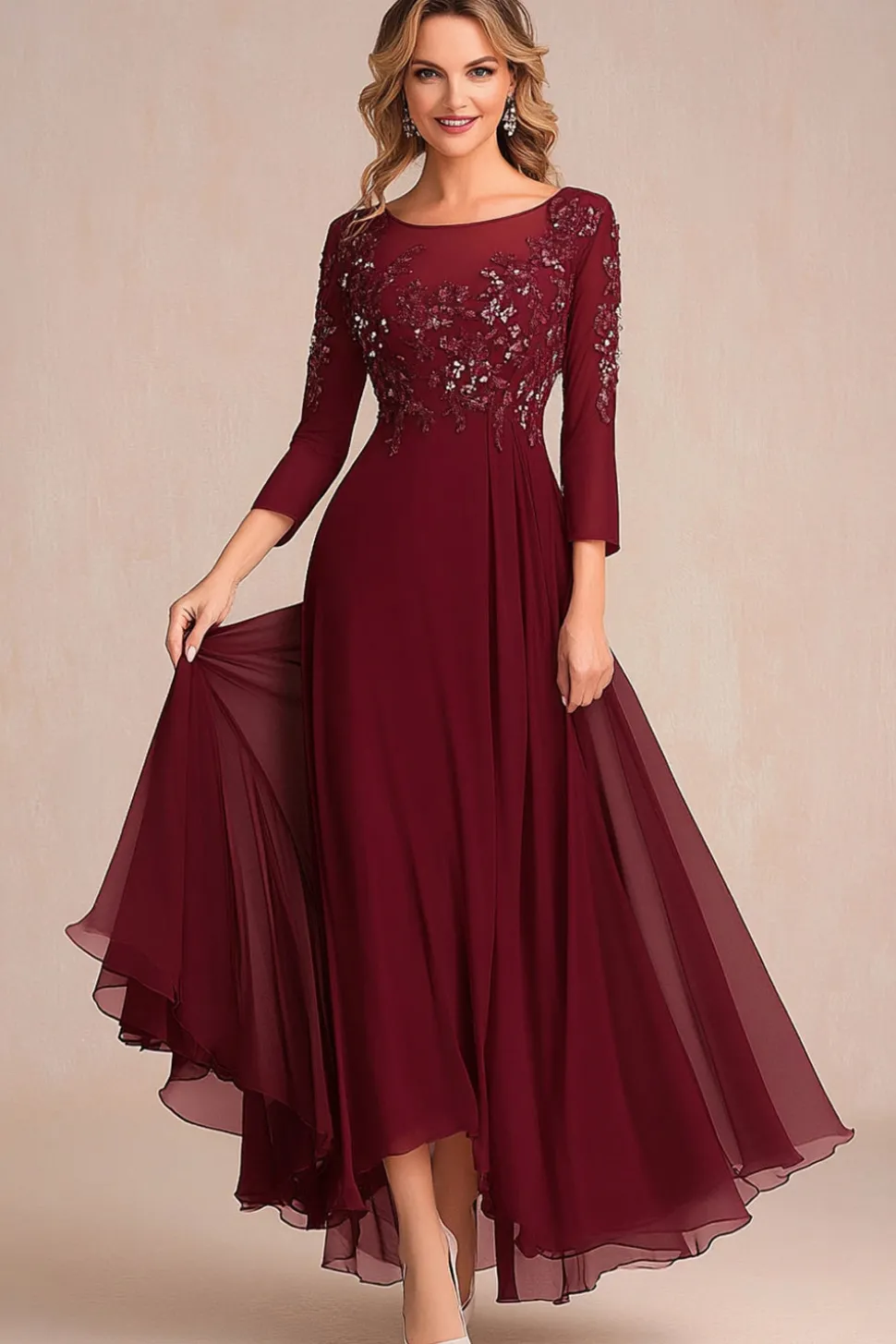 Elegant Burgundy A Line Long Sleeve Mother Of Bride Dress With Appliques