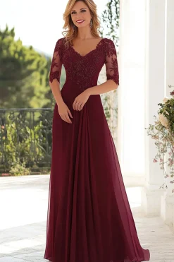 Elegant Burgundy  A Line V Neck Chiffon Long Mother Of the Bride Dress with Lace Appliques