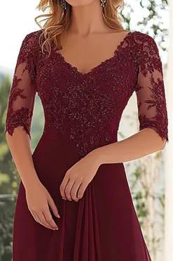 Elegant Burgundy  A Line V Neck Chiffon Long Mother Of the Bride Dress with Lace Appliques