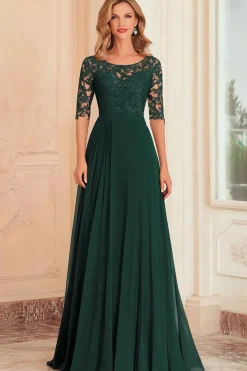 Elegant Dark Green A-Line Boat Neck Chiffon Long Mother Of the Bride Dress with Lace Appliques