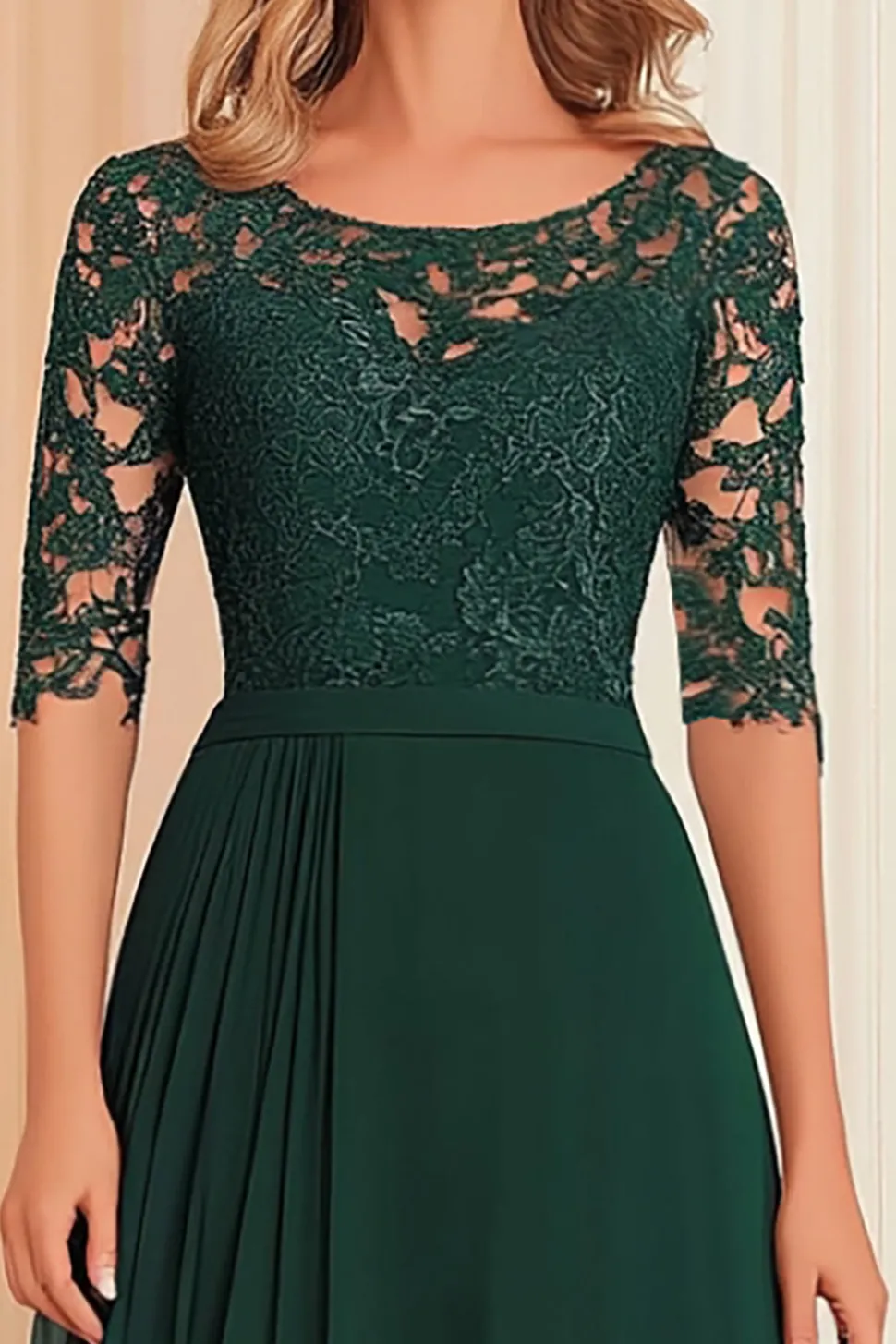 Elegant Dark Green A-Line Boat Neck Chiffon Long Mother Of the Bride Dress with Lace Appliques