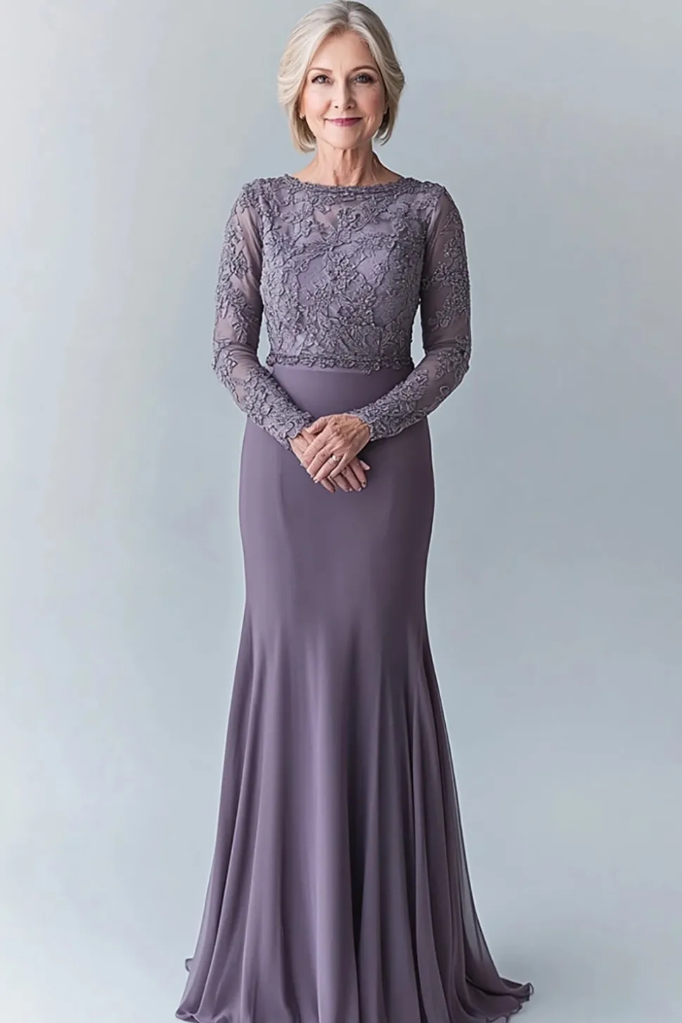 Elegant Steel Grey Bodycon Mother Of The Bride Dress With Lace Appliques