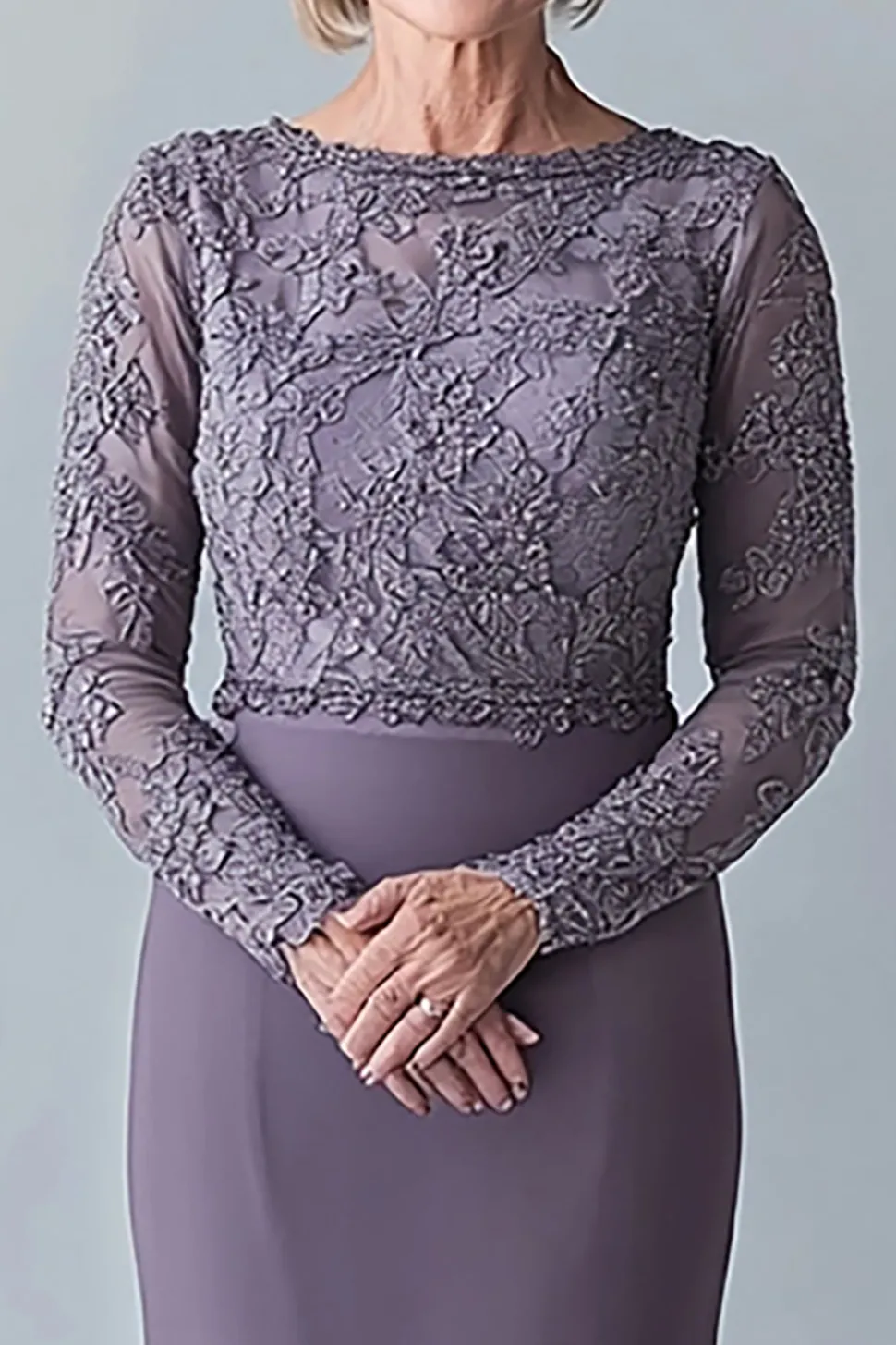 Elegant Steel Grey Bodycon Mother Of The Bride Dress With Lace Appliques