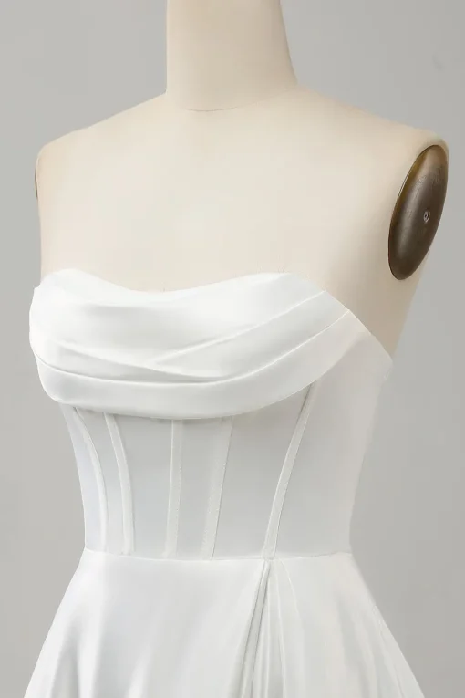 Elegant White A Line Strapless Pleated Sweep Train Bridal Dress With Split