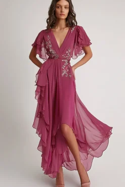 Embellished Dark Pink V Neck A Line Floral Maxi Formal Dress with Ruffles