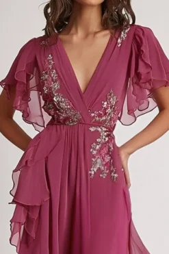 Embellished Dark Pink V Neck A Line Floral Maxi Formal Dress with Ruffles