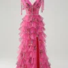 Floral Corset Fuchsia Tulle Deep V-neck A Line Tiered Long Prom Dress