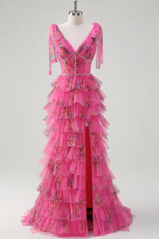 Floral Corset Fuchsia Tulle Deep V-neck A Line Tiered Long Prom Dress