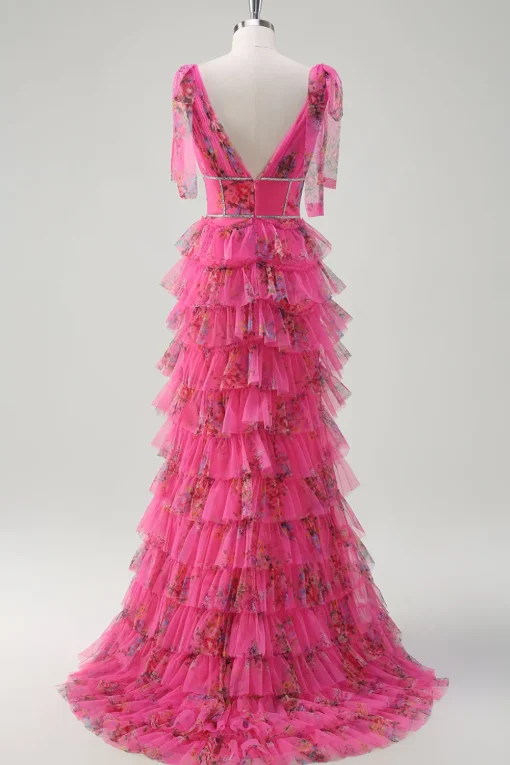 Floral Corset Fuchsia Tulle Deep V-neck A Line Tiered Long Prom Dress