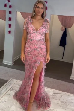 Floral Corset Fuchsia Tulle Deep V-neck A Line Tiered Long Prom Dress