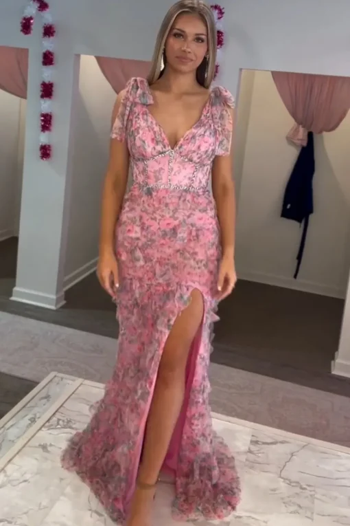 Floral Corset Fuchsia Tulle Deep V-neck A Line Tiered Long Prom Dress