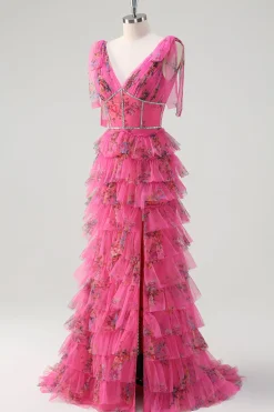 Floral Corset Fuchsia Tulle Deep V-neck A Line Tiered Long Prom Dress