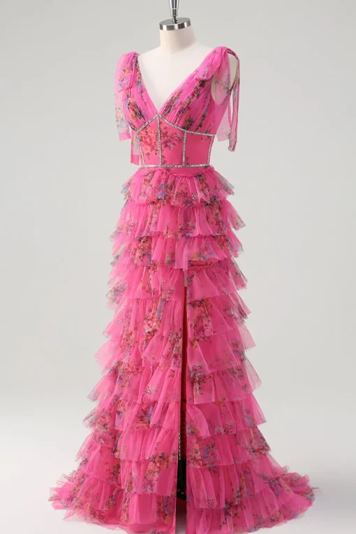 Floral Corset Fuchsia Tulle Deep V-neck A Line Tiered Long Prom Dress