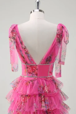 Floral Corset Fuchsia Tulle Deep V-neck A Line Tiered Long Prom Dress