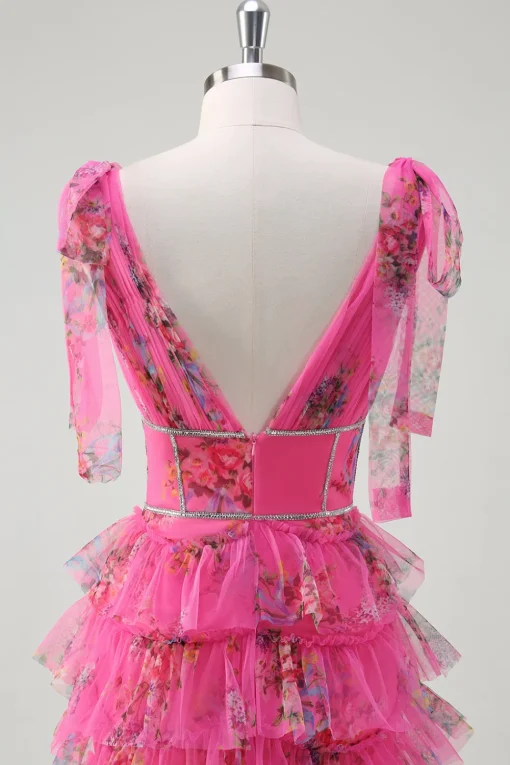 Floral Corset Fuchsia Tulle Deep V-neck A Line Tiered Long Prom Dress