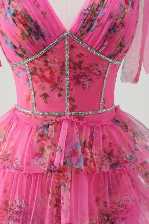Floral Corset Fuchsia Tulle Deep V-neck A Line Tiered Long Prom Dress